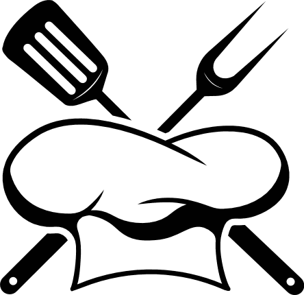Chef hat and crossed fork and spatula, kitchen or BBQ apron design ...