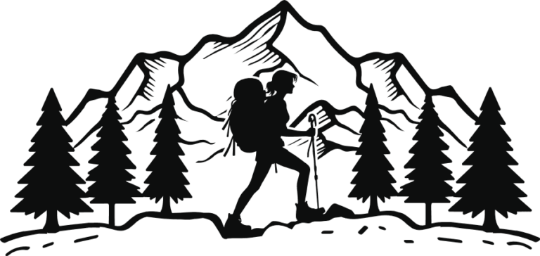 Trekking woman, trees, mountains behind free svg file for members ...