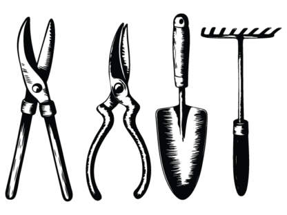 Gardening Tools Free SVG File Bundle for Members - Trowel, Rake, Pruning, Hedge Shears clipart