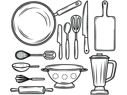 Kitchen essentials Free SVG File Bundle - Frying Pan, Blender, Cutting Board clipart image