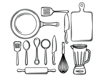 Kitchen Utensils Free SVG File Bundle - Whisk, Frying Pan, Blender, Cutting Board clipart image