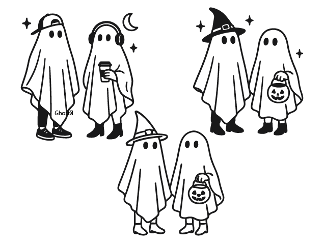 Ghost with witch hat, headphones, coffee Free SVG File bundle for Members – Spooky Clipart