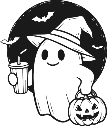 Ghost with a witch hat, pumpkin bucket, moon background Free SVG File for Members – Halloween Clipart