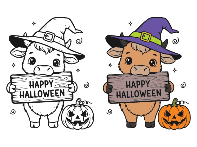 Cute Witch Cartoon Cow Holding 'Happy Halloween' Sign - Free SVG File for Members