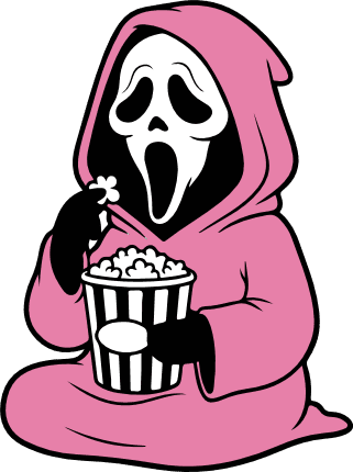Ghost in a pink robe, eating popcorn Free SVG File for Members – Halloween clipart