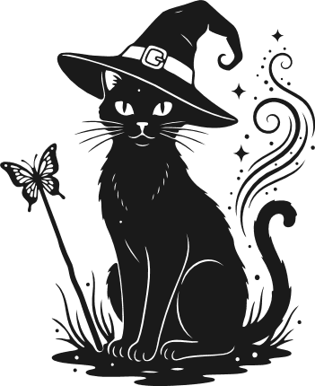 Witch Cat and a butterfly magic wand silhouette Free SVG File for Members – Halloween clipart