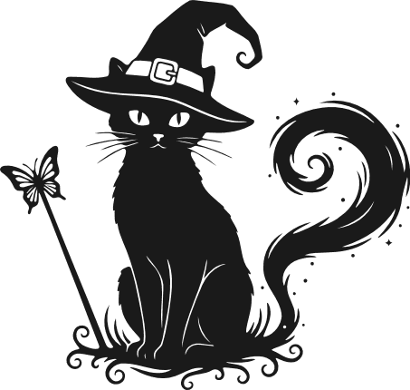 Witch Cat with a butterfly magic wand silhouette Free SVG File for Members – Halloween clipart
