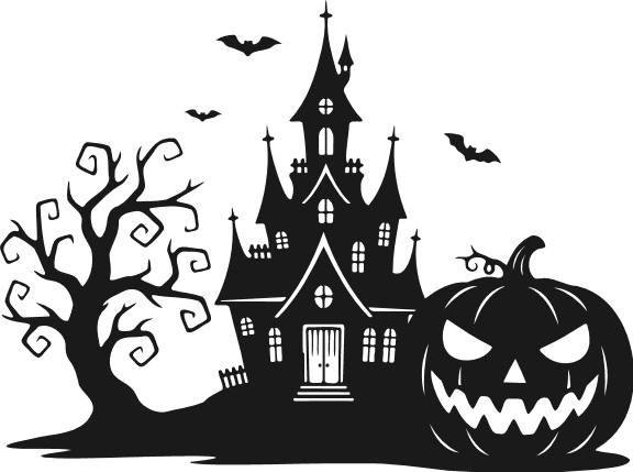 Haunted House, tree, pumpkin silhouette Free SVG File for Members – Halloween clipart