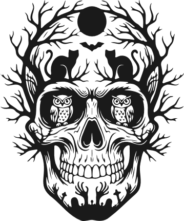 Skull framed by bare spooky tree branches, with owls eyes Free SVG File for Members – Halloween clipart