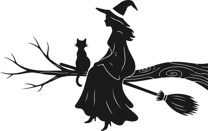 Witch on broom, sitting on tree branch with cat silhouette Free SVG File for Members - witchy woman clipart