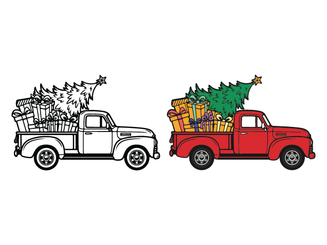 Car Loaded with Christmas tree and gifts Free SVG File for Members – Christmas truck clipart