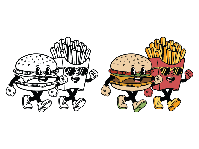 Cute cartoon burger and french fries mascot Free SVG File for Members – french fries clipart