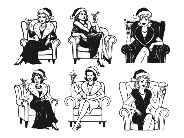 Vintage Christmas Lady on Couch Free SVG File Bundle for Members – Santa Hat Woman Clipart