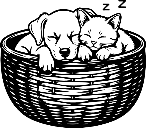 Cozy Pets Resting In Basket Free SVG File for Members – Sleeping Kitten And Puppy clipart