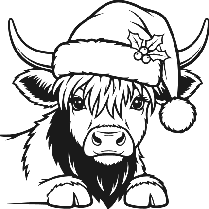 Adorable Highland Cow Wearing a Santa hat Free SVG File - Christmas cow clipart