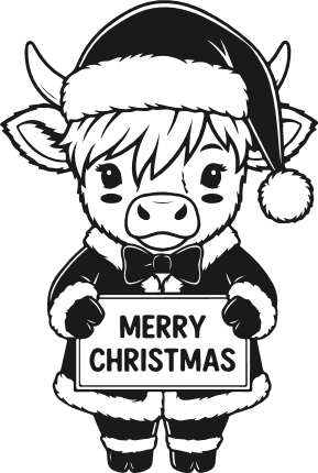 Adorable Highland Cow Holding Sign "Merry Christmas" Free SVG File for Members