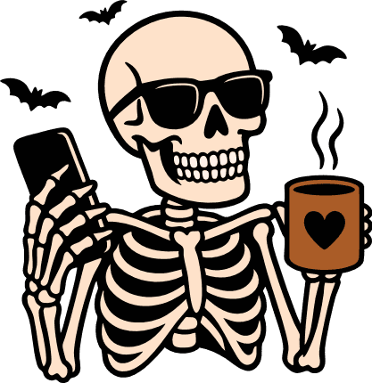 Cool Skeleton Holding a Phone and Coffee Free SVG File for Members – Halloween skeleton clipart